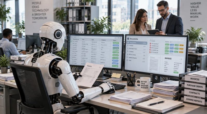 Robot asistente procesando documentos y facturas en una oficina para automatizar procesos empresariales con IA.
