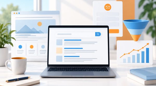 Portátil mostrando una búsqueda abstracta de un negocio y elementos de análisis de conversión web