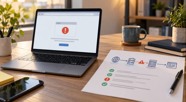 Esquema de diagnóstico de una web caída con portátil, servidor y checklist
