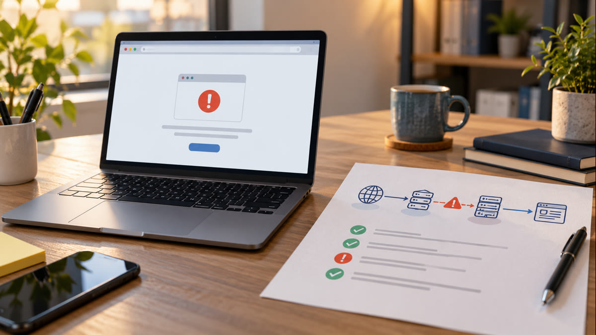 Esquema de diagnóstico de una web caída con portátil, servidor y checklist