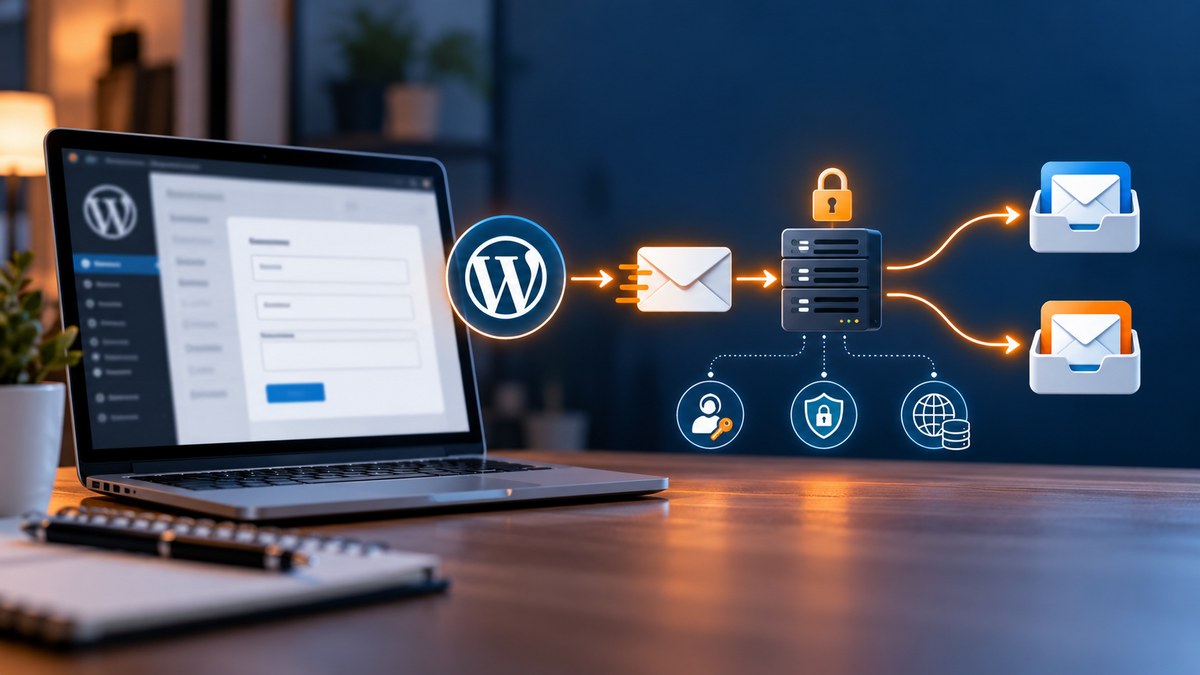 Flujo de correo de WordPress mediante SMTP autenticado y OAuth para Gmail y Outlook.